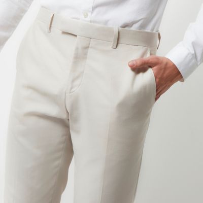 Beige linen slim fit suit trousers